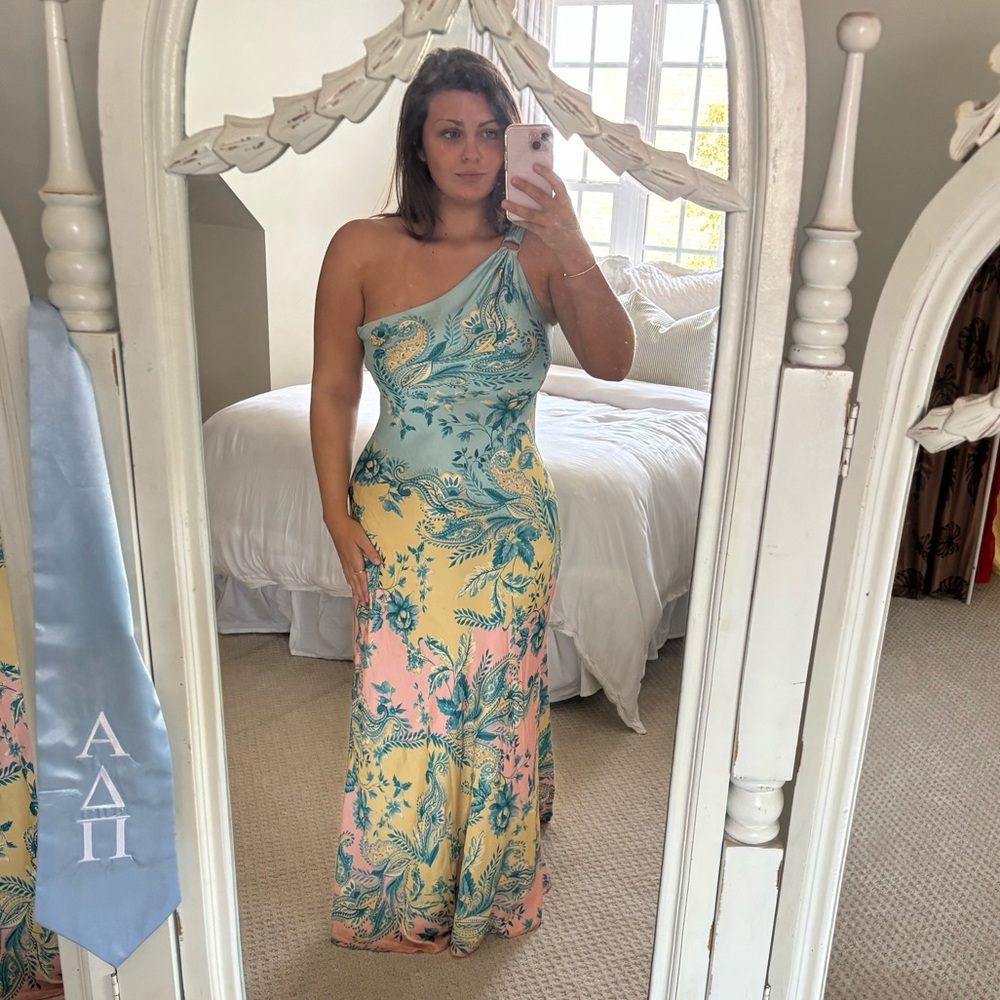 HEMANT & NANDITA One-Shoulder Floral Maxi Dress in Teal, Yellow & Pink